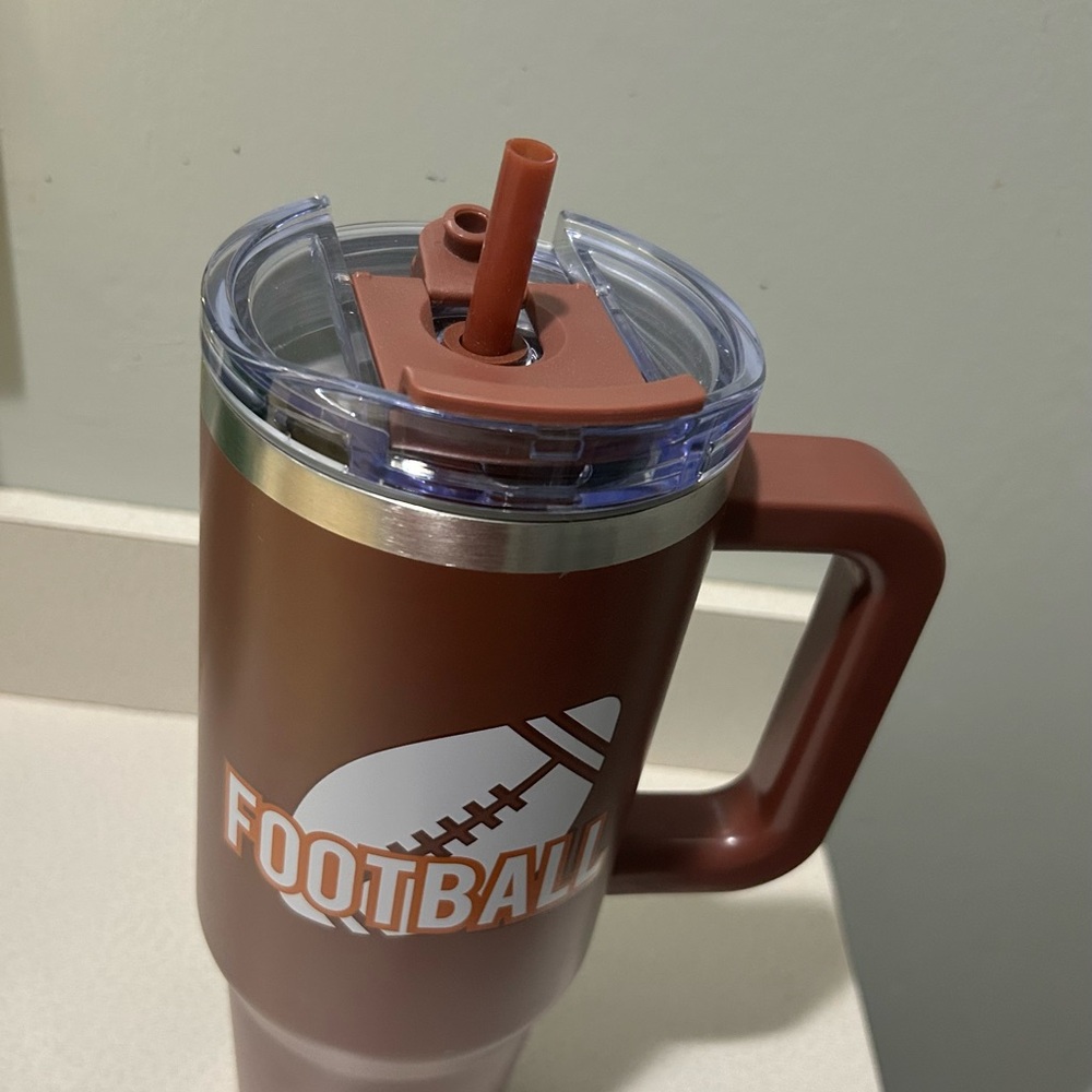 Insulated Football Travel Mug with Straw - Rust